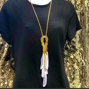 White Feather Necklace Gold Knotted Snake Chain Long Boho Hippie Chic